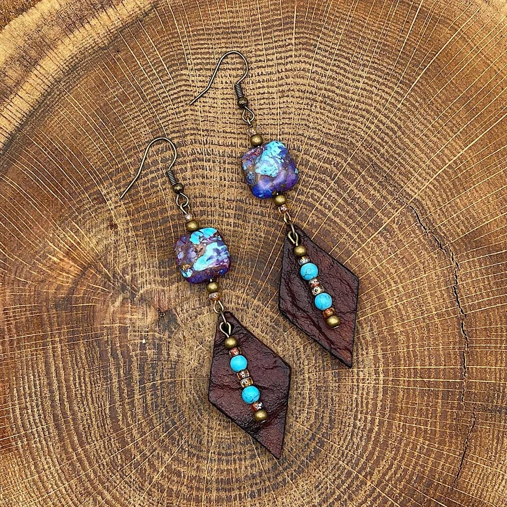 Leather Gemstone Dangle Earrings Bronze Infused Turquoise Picasso Antique Brass